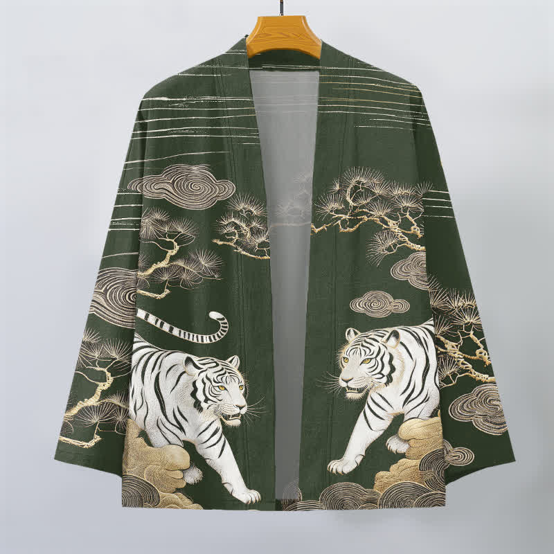 Buddha Stones Bawełniane kimono męskie z odkrytym przodem i wzorem w białe tygrysy i sosny - image 7