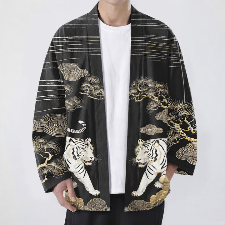 Buddha Stones Bawełniane kimono męskie z odkrytym przodem i wzorem w białe tygrysy i sosny - Czarny - US/UK/AU48， EU58 (4XL) - image 9