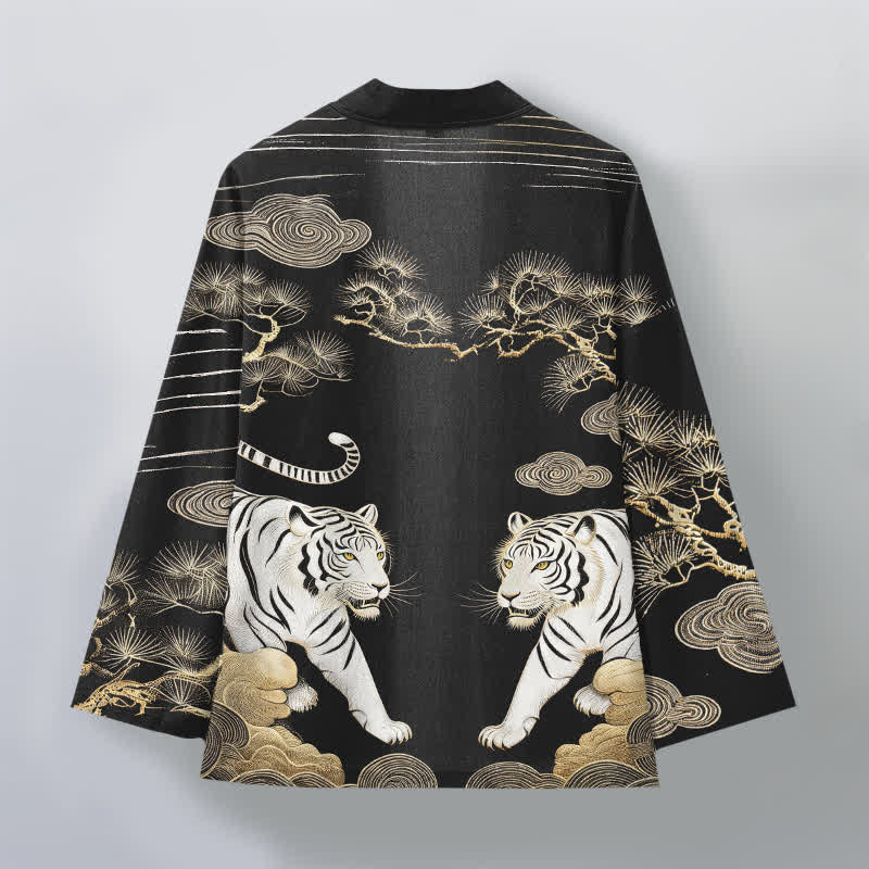 Buddha Stones Bawełniane kimono męskie z odkrytym przodem i wzorem w białe tygrysy i sosny - image 11