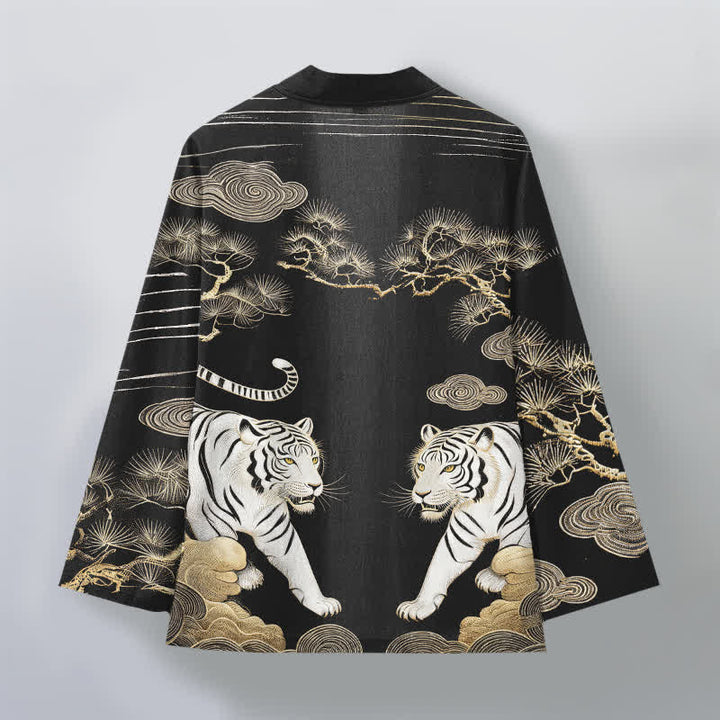 Buddha Stones Bawełniane kimono męskie z odkrytym przodem i wzorem w białe tygrysy i sosny - image 11