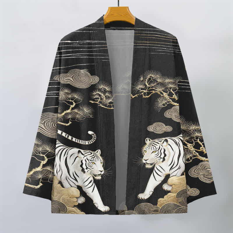 Buddha Stones Bawełniane kimono męskie z odkrytym przodem i wzorem w białe tygrysy i sosny - image 10