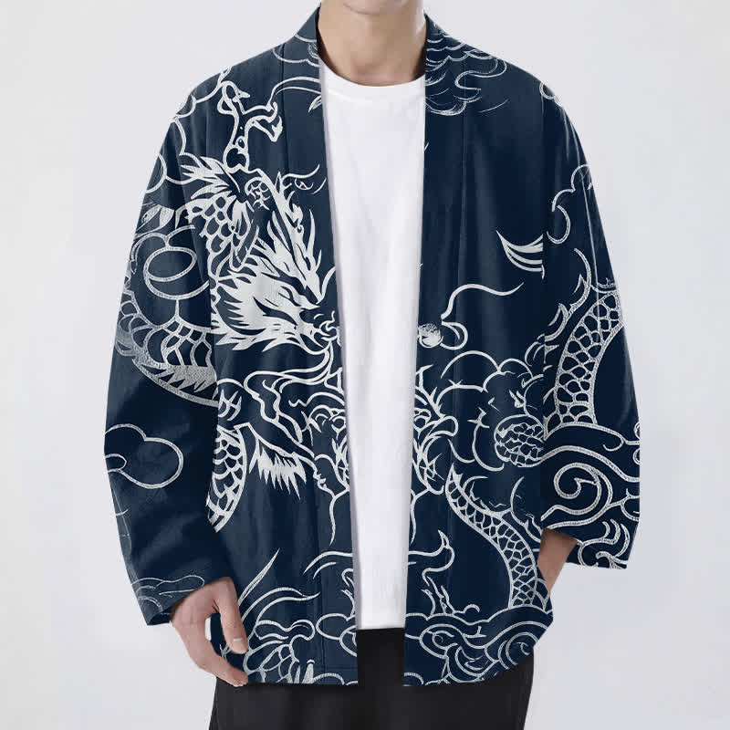Buddha Stones Tradycyjne bawełniane kimono męskie z otwartym przodem i wzorem smoka i chmury - Marynarka wojenna - US/UK/AU48， EU58 (4XL) - image 0