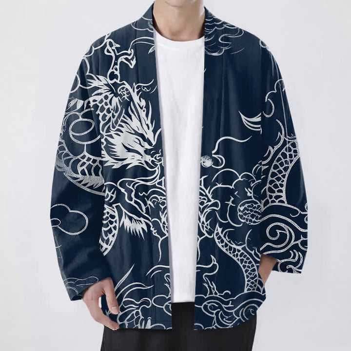 Buddha Stones Tradycyjne bawełniane kimono męskie z otwartym przodem i wzorem smoka i chmury - Marynarka wojenna - US/UK/AU48， EU58 (4XL) - image 0