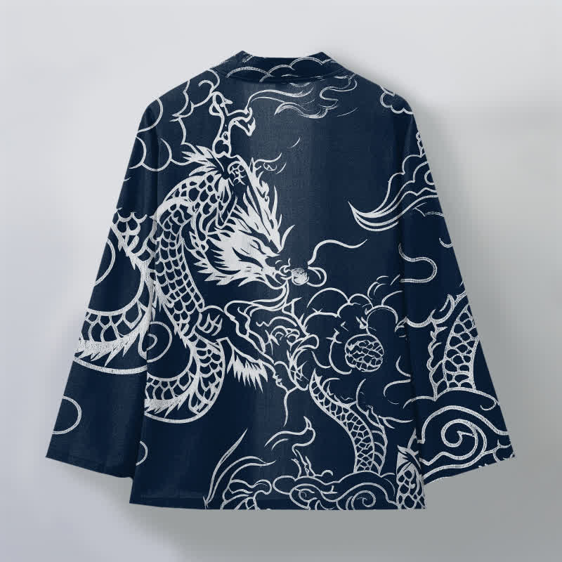Buddha Stones Tradycyjne bawełniane kimono męskie z otwartym przodem i wzorem smoka i chmury - image 2