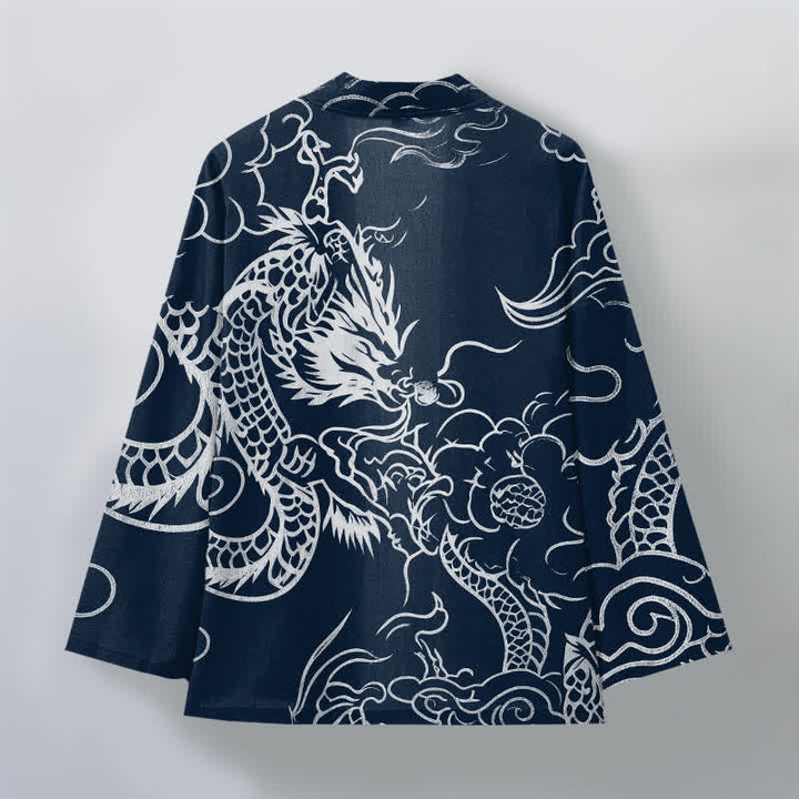 Buddha Stones Tradycyjne bawełniane kimono męskie z otwartym przodem i wzorem smoka i chmury - image 2