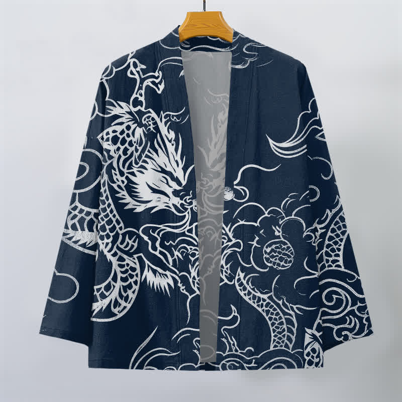 Buddha Stones Tradycyjne bawełniane kimono męskie z otwartym przodem i wzorem smoka i chmury - image 1