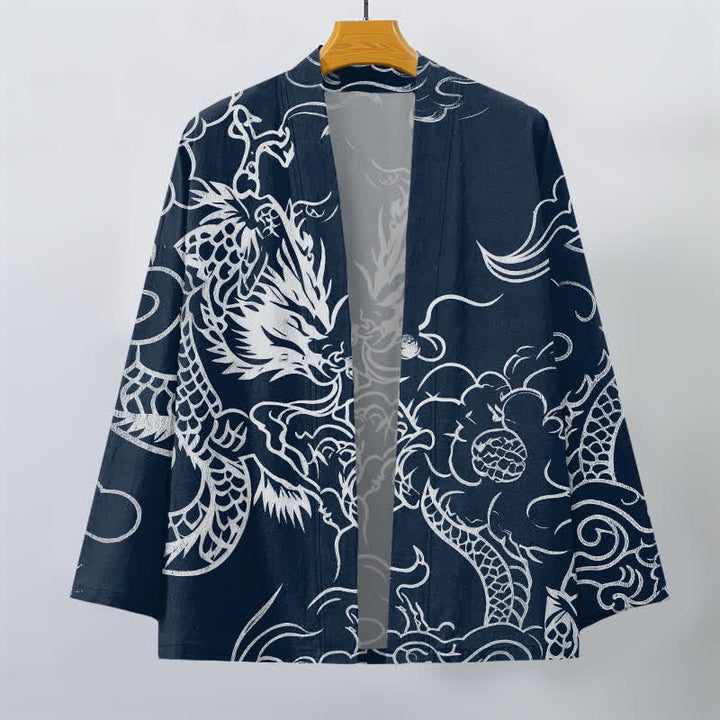 Buddha Stones Tradycyjne bawełniane kimono męskie z otwartym przodem i wzorem smoka i chmury - image 1