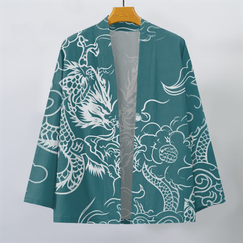 Buddha Stones Tradycyjne bawełniane kimono męskie z otwartym przodem i wzorem smoka i chmury - image 7