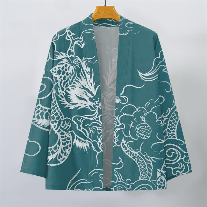 Buddha Stones Tradycyjne bawełniane kimono męskie z otwartym przodem i wzorem smoka i chmury - image 7