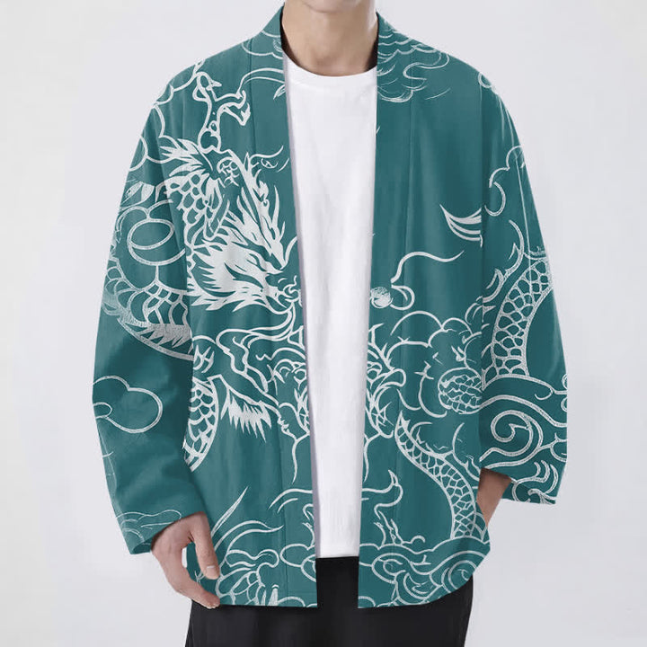 Buddha Stones Tradycyjne bawełniane kimono męskie z otwartym przodem i wzorem smoka i chmury - Cyraneczka - US/UK/AU48， EU58 (4XL) - image 6