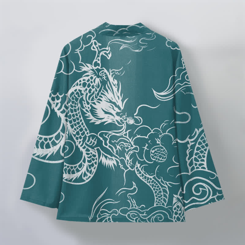 Buddha Stones Tradycyjne bawełniane kimono męskie z otwartym przodem i wzorem smoka i chmury - image 8