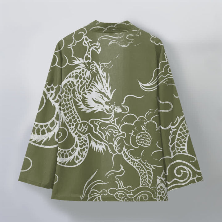 Buddha Stones Tradycyjne bawełniane kimono męskie z otwartym przodem i wzorem smoka i chmury - image 11