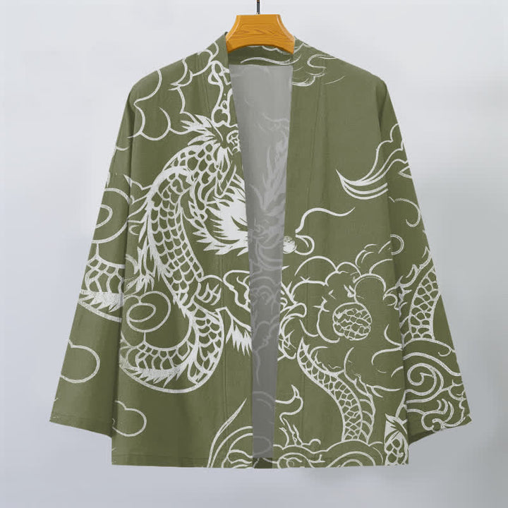 Buddha Stones Tradycyjne bawełniane kimono męskie z otwartym przodem i wzorem smoka i chmury - image 10
