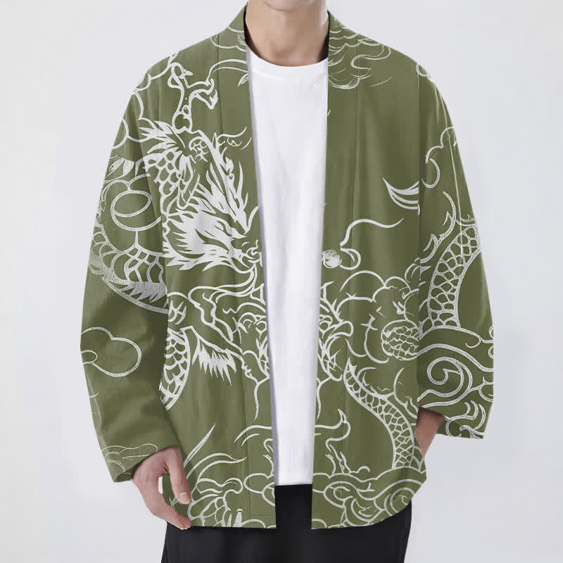 Buddha Stones Tradycyjne bawełniane kimono męskie z otwartym przodem i wzorem smoka i chmury - Oliwkowy - US/UK/AU48， EU58 (4XL) - image 9