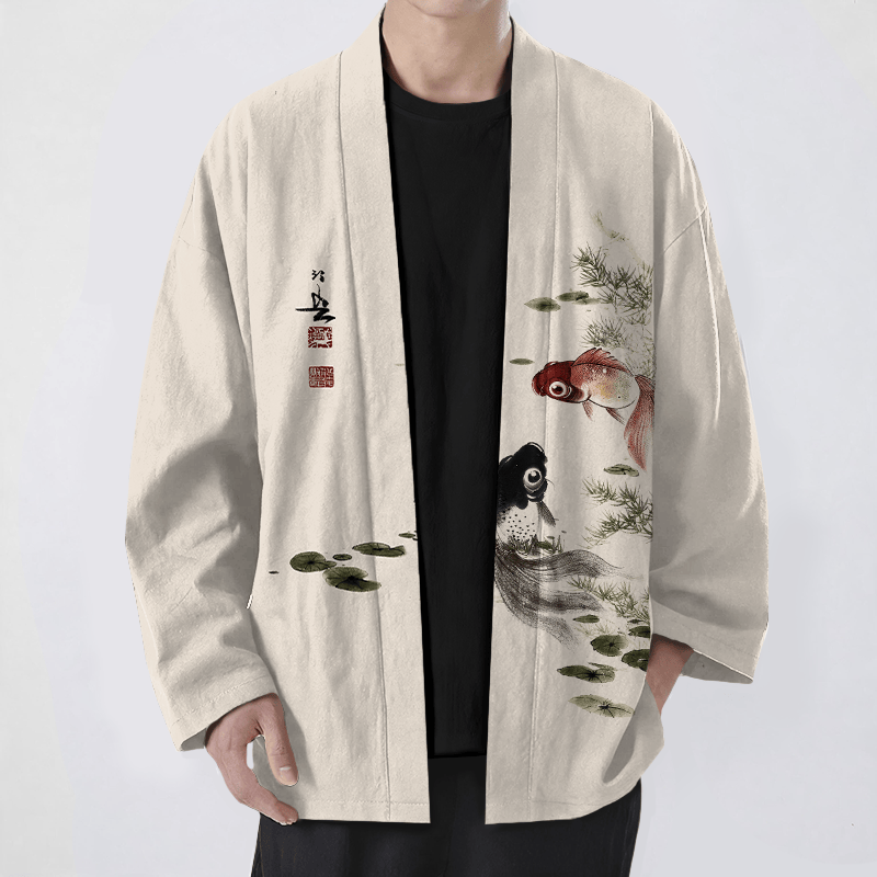 Buddha Stones Bawełniane kimono męskie z wzorem lotosu koi w kolorze czerwono-czarnym z otwartym przodem - Beżowy - US/UK/AU48， EU58 (4XL) - image 0