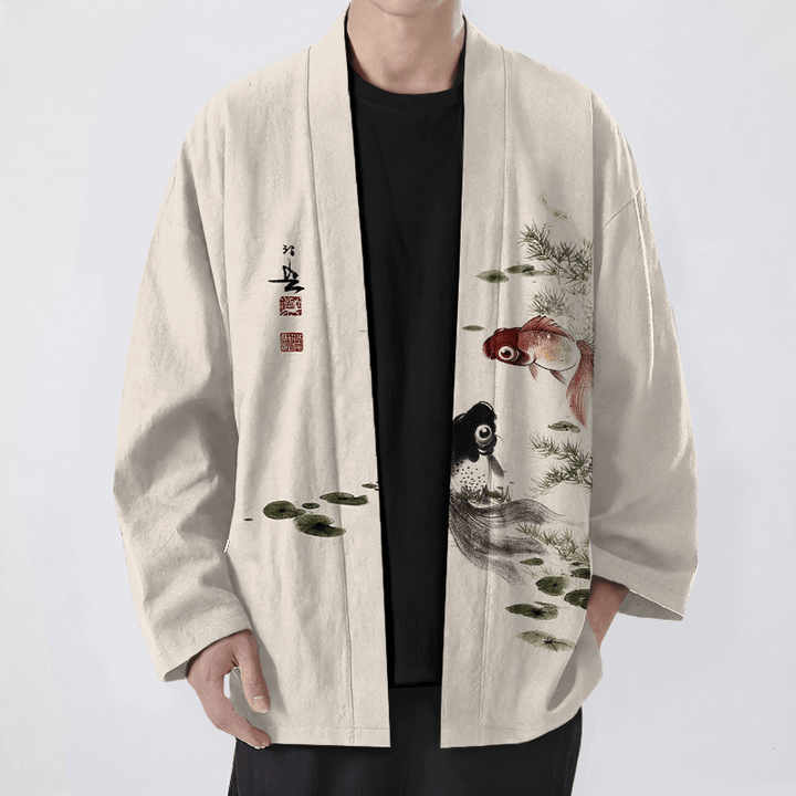 Buddha Stones Bawełniane kimono męskie z wzorem lotosu koi w kolorze czerwono-czarnym z otwartym przodem - Beżowy - US/UK/AU48， EU58 (4XL) - image 0
