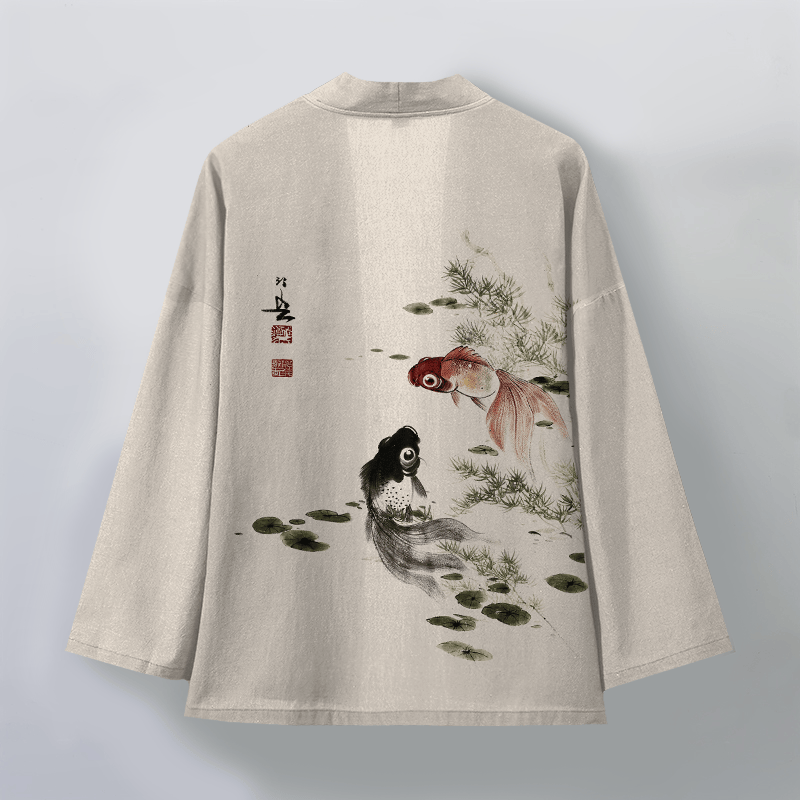 Buddha Stones Bawełniane kimono męskie z wzorem lotosu koi w kolorze czerwono-czarnym z otwartym przodem - image 2