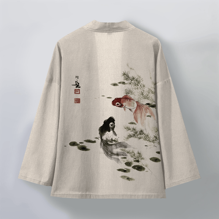 Buddha Stones Bawełniane kimono męskie z wzorem lotosu koi w kolorze czerwono-czarnym z otwartym przodem - image 2