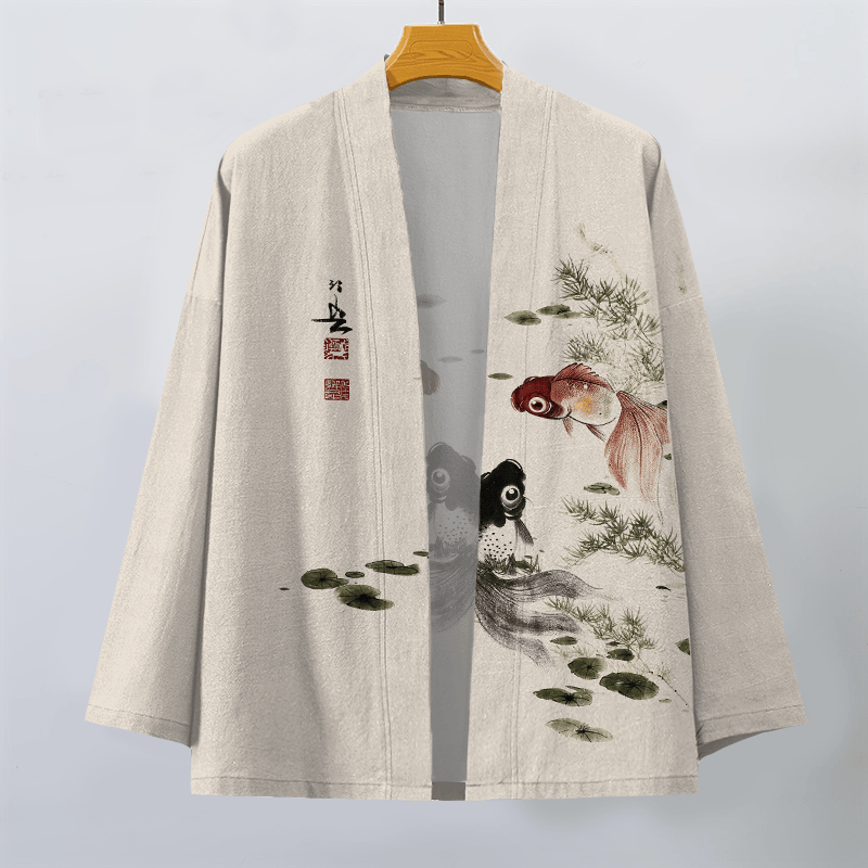 Buddha Stones Bawełniane kimono męskie z wzorem lotosu koi w kolorze czerwono-czarnym z otwartym przodem - image 1