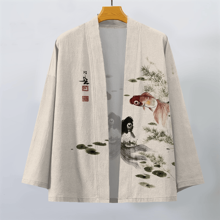 Buddha Stones Bawełniane kimono męskie z wzorem lotosu koi w kolorze czerwono-czarnym z otwartym przodem - image 1