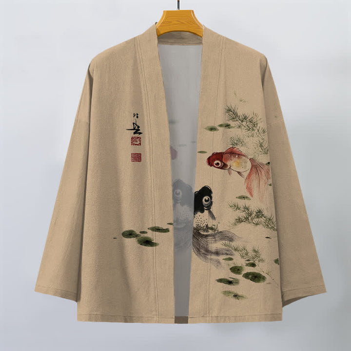 Buddha Stones Bawełniane kimono męskie z wzorem lotosu koi w kolorze czerwono-czarnym z otwartym przodem - image 7