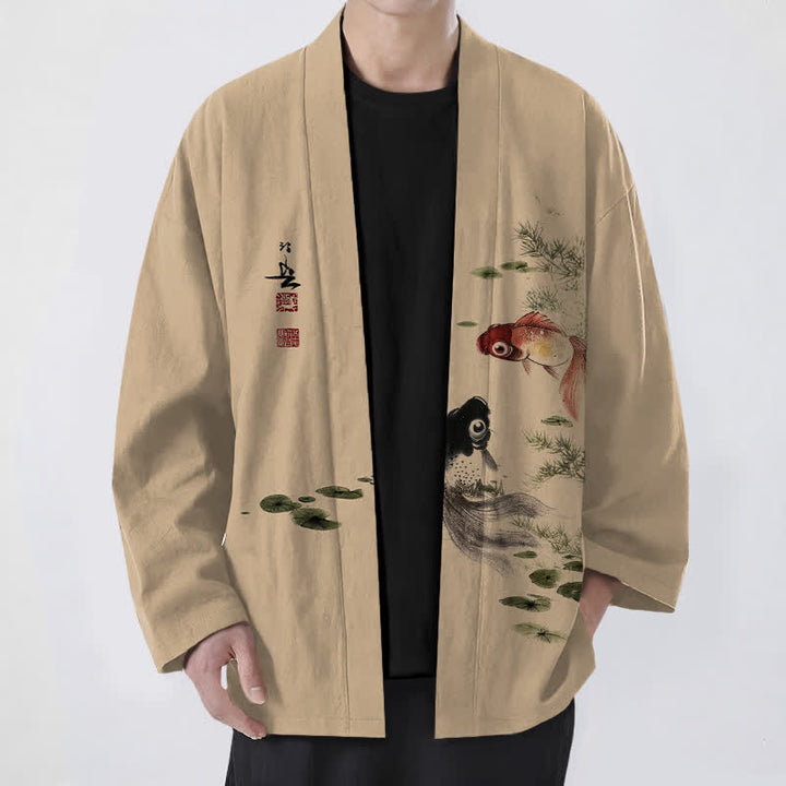 Buddha Stones Bawełniane kimono męskie z wzorem lotosu koi w kolorze czerwono-czarnym z otwartym przodem - Dębnik - US/UK/AU48， EU58 (4XL) - image 6