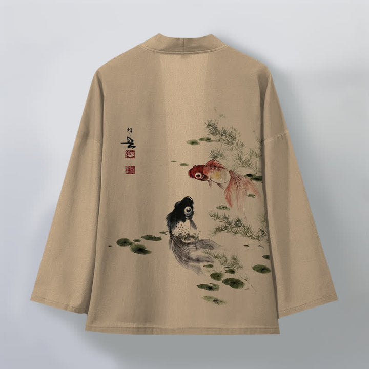 Buddha Stones Bawełniane kimono męskie z wzorem lotosu koi w kolorze czerwono-czarnym z otwartym przodem - image 8