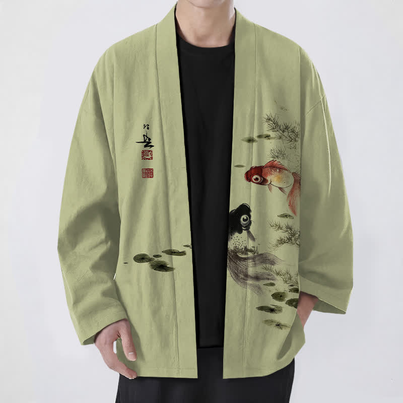 Buddha Stones Bawełniane kimono męskie z wzorem lotosu koi w kolorze czerwono-czarnym z otwartym przodem - Żółtozielony - US/UK/AU48， EU58 (4XL) - image 9