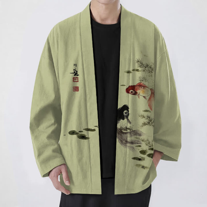 Buddha Stones Bawełniane kimono męskie z wzorem lotosu koi w kolorze czerwono-czarnym z otwartym przodem - Żółtozielony - US/UK/AU48， EU58 (4XL) - image 9