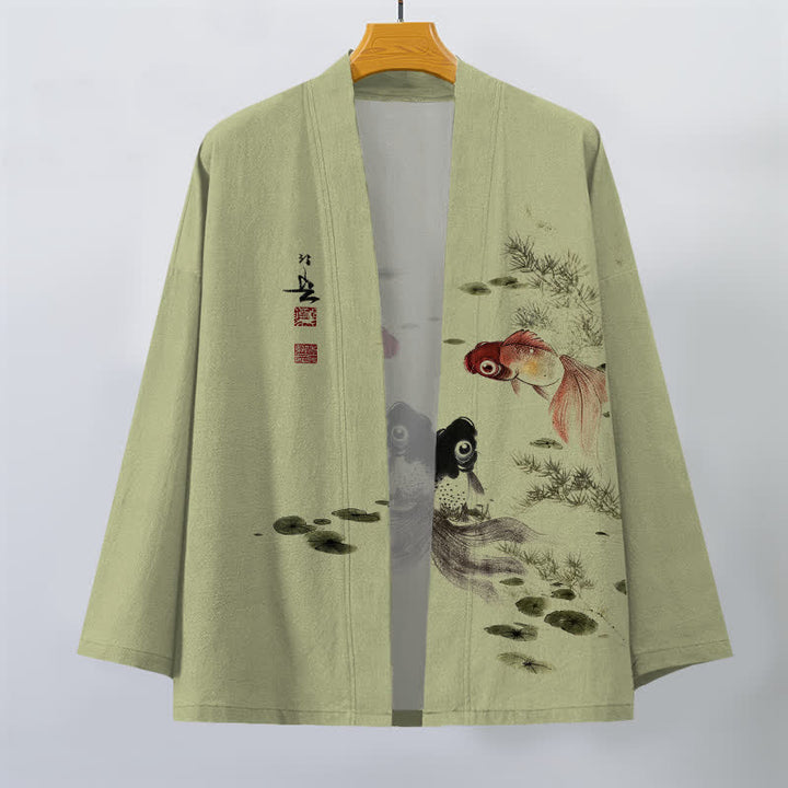 Buddha Stones Bawełniane kimono męskie z wzorem lotosu koi w kolorze czerwono-czarnym z otwartym przodem - image 10