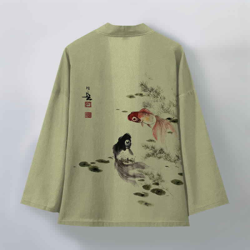 Buddha Stones Bawełniane kimono męskie z wzorem lotosu koi w kolorze czerwono-czarnym z otwartym przodem - image 11