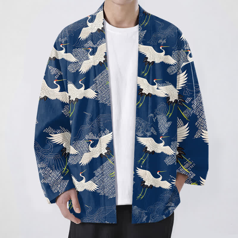 Buddha Stones Bawełniane białe kimono męskie z wzorem żurawia z odkrytym przodem - Marynarka wojenna - US/UK/AU48， EU58 (4XL) - image 0
