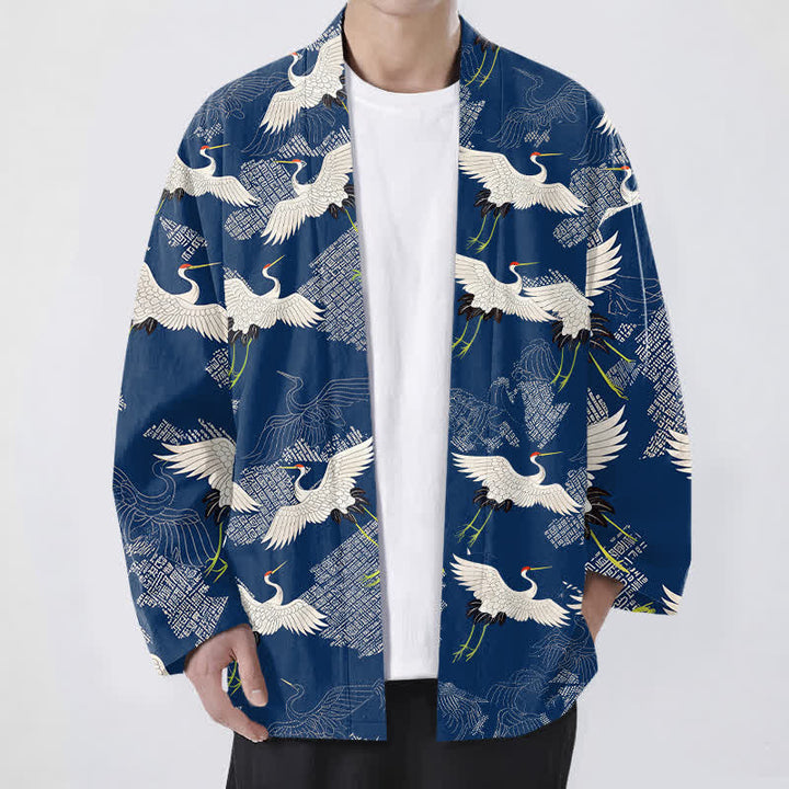 Buddha Stones Bawełniane białe kimono męskie z wzorem żurawia z odkrytym przodem - Marynarka wojenna - US/UK/AU48， EU58 (4XL) - image 0