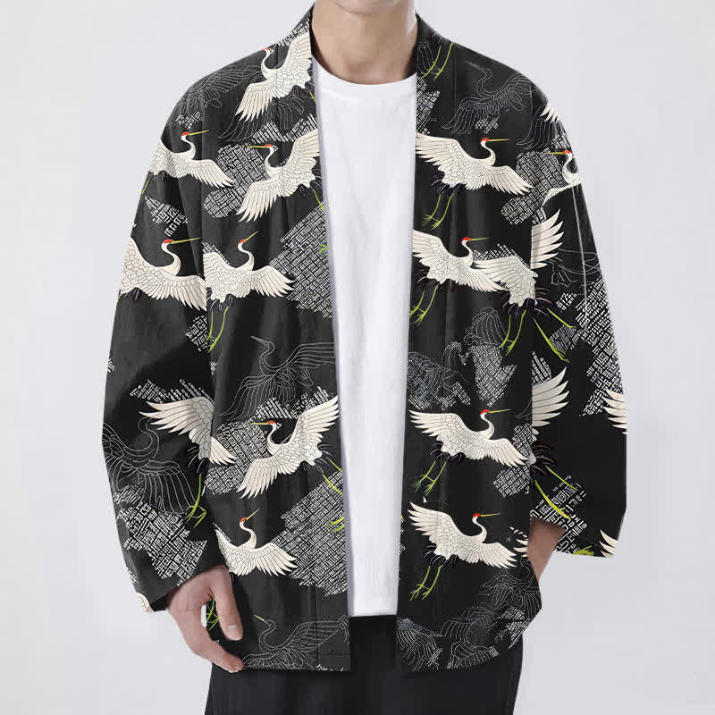 Buddha Stones Bawełniane białe kimono męskie z wzorem żurawia z odkrytym przodem - Czarny - US/UK/AU48， EU58 (4XL) - image 9