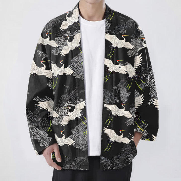 Buddha Stones Bawełniane białe kimono męskie z wzorem żurawia z odkrytym przodem - Czarny - US/UK/AU48， EU58 (4XL) - image 9