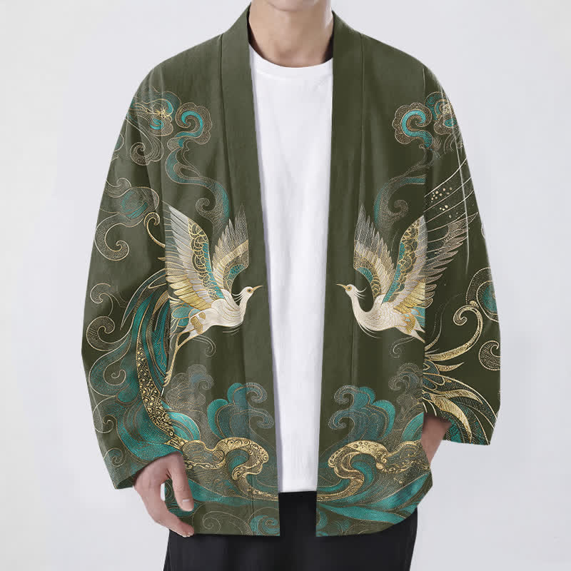 Buddha Stones Bawełniane kimono męskie z odkrytym przodem i wzorem w złote chmury i żurawia - DarkOliveGreen - US/UK/AU48， EU58 (4XL) - image 0