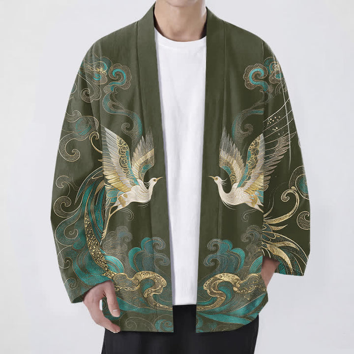 Buddha Stones Bawełniane kimono męskie z odkrytym przodem i wzorem w złote chmury i żurawia - DarkOliveGreen - US/UK/AU48， EU58 (4XL) - image 0