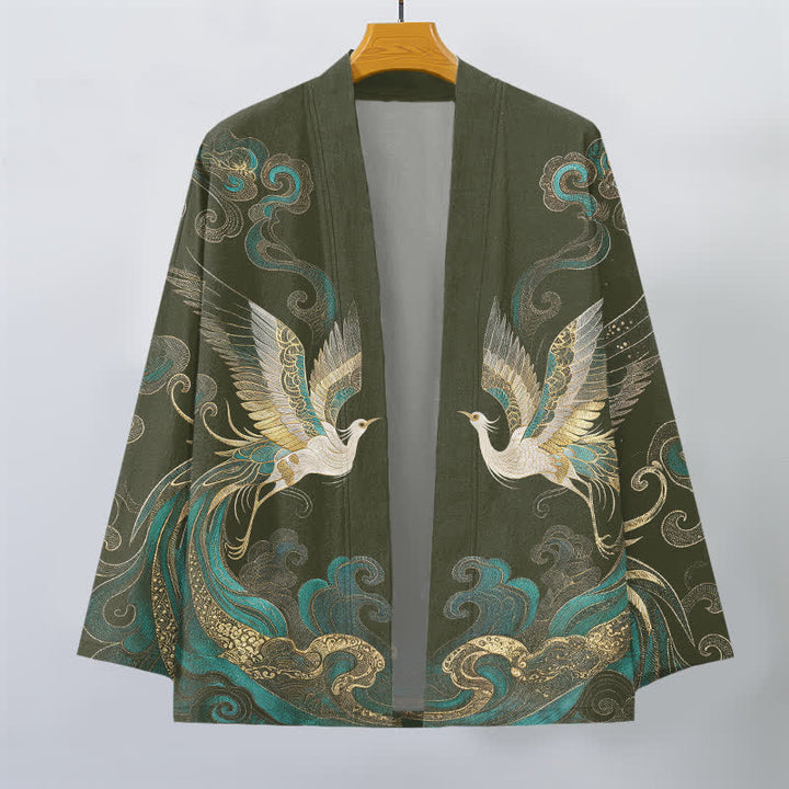 Buddha Stones Bawełniane kimono męskie z odkrytym przodem i wzorem w złote chmury i żurawia - image 1