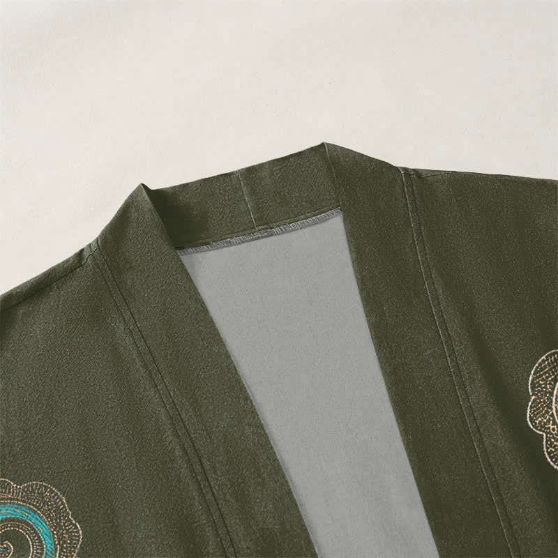 Buddha Stones Bawełniane kimono męskie z odkrytym przodem i wzorem w złote chmury i żurawia - image 3