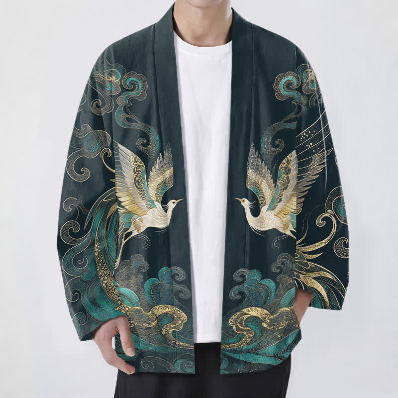 Buddha Stones Bawełniane kimono męskie z odkrytym przodem i wzorem w złote chmury i żurawia - Cyraneczka - US/UK/AU48， EU58 (4XL) - image 6