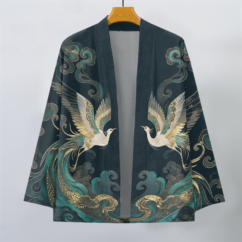 Buddha Stones Bawełniane kimono męskie z odkrytym przodem i wzorem w złote chmury i żurawia - image 7