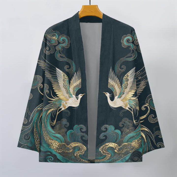 Buddha Stones Bawełniane kimono męskie z odkrytym przodem i wzorem w złote chmury i żurawia - image 7