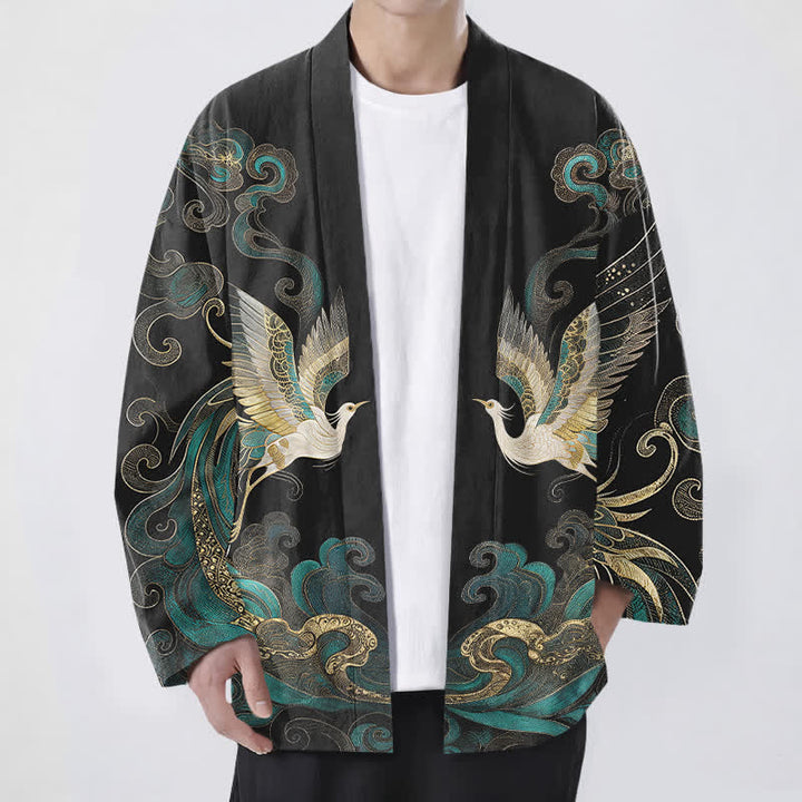 Buddha Stones Bawełniane kimono męskie z odkrytym przodem i wzorem w złote chmury i żurawia - Czarny - US/UK/AU48， EU58 (4XL) - image 9