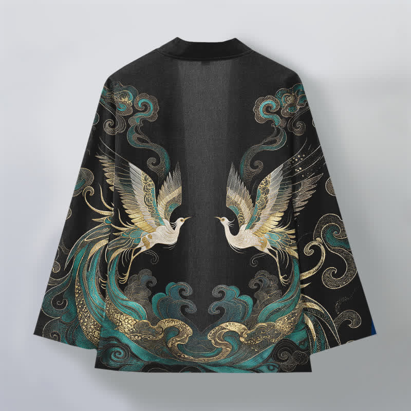 Buddha Stones Bawełniane kimono męskie z odkrytym przodem i wzorem w złote chmury i żurawia - image 11