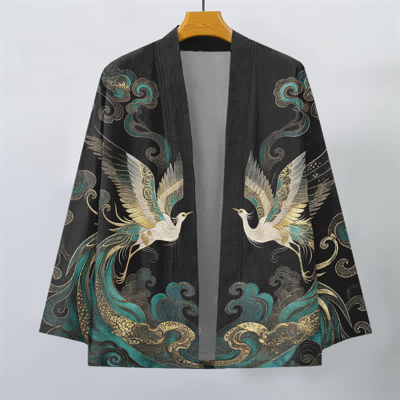 Buddha Stones Bawełniane kimono męskie z odkrytym przodem i wzorem w złote chmury i żurawia - image 10
