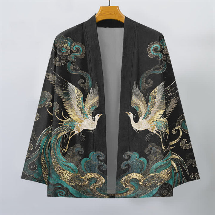 Buddha Stones Bawełniane kimono męskie z odkrytym przodem i wzorem w złote chmury i żurawia - image 10