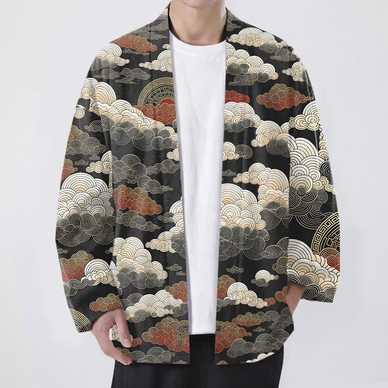 Buddha Stones Bawełniane kimono męskie z odkrytym przodem i wzorem "Auspicious Cloud Tide" - Czarny - US/UK/AU48， EU58 (4XL) - image 0