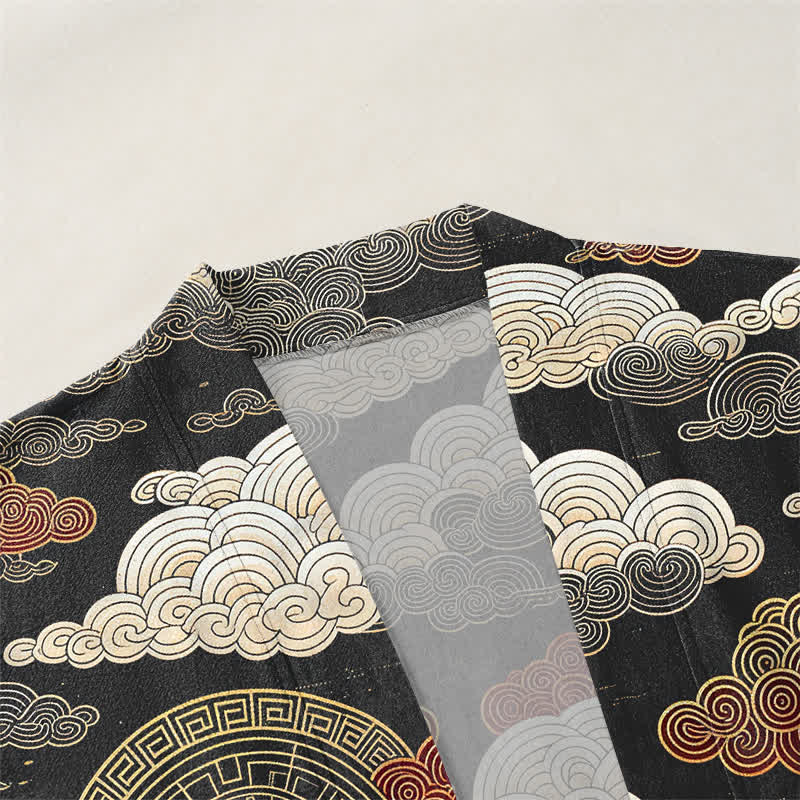 Buddha Stones Bawełniane kimono męskie z odkrytym przodem i wzorem "Auspicious Cloud Tide" - image 3