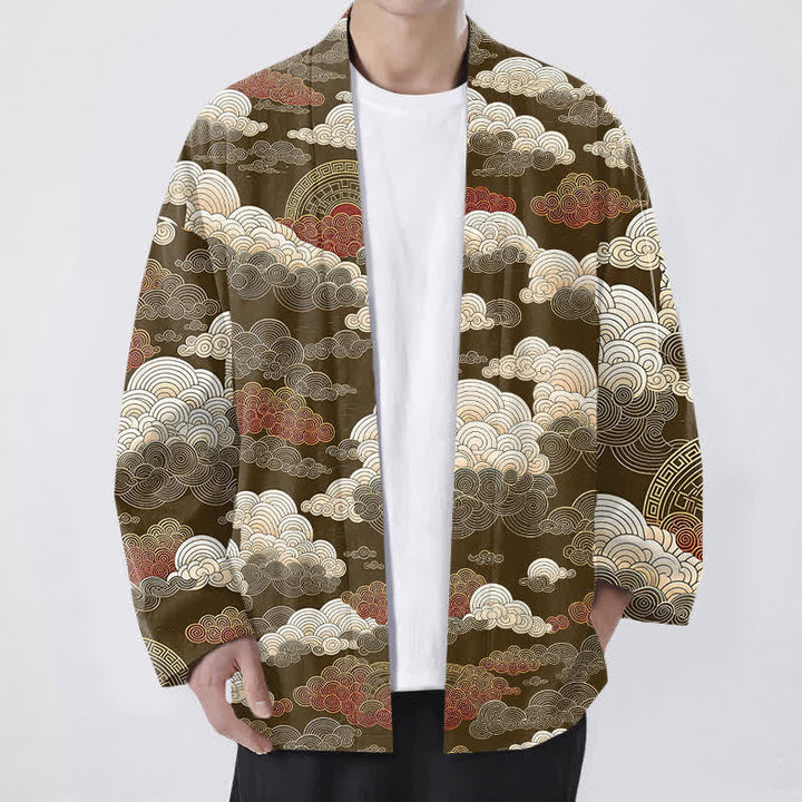 Buddha Stones Bawełniane kimono męskie z odkrytym przodem i wzorem "Auspicious Cloud Tide" - SaddleBrown - US/UK/AU48， EU58 (4XL) - image 6