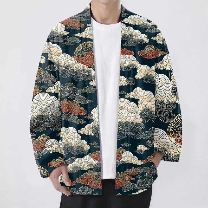 Buddha Stones Bawełniane kimono męskie z odkrytym przodem i wzorem "Auspicious Cloud Tide" - Marynarka wojenna - US/UK/AU48， EU58 (4XL) - image 9